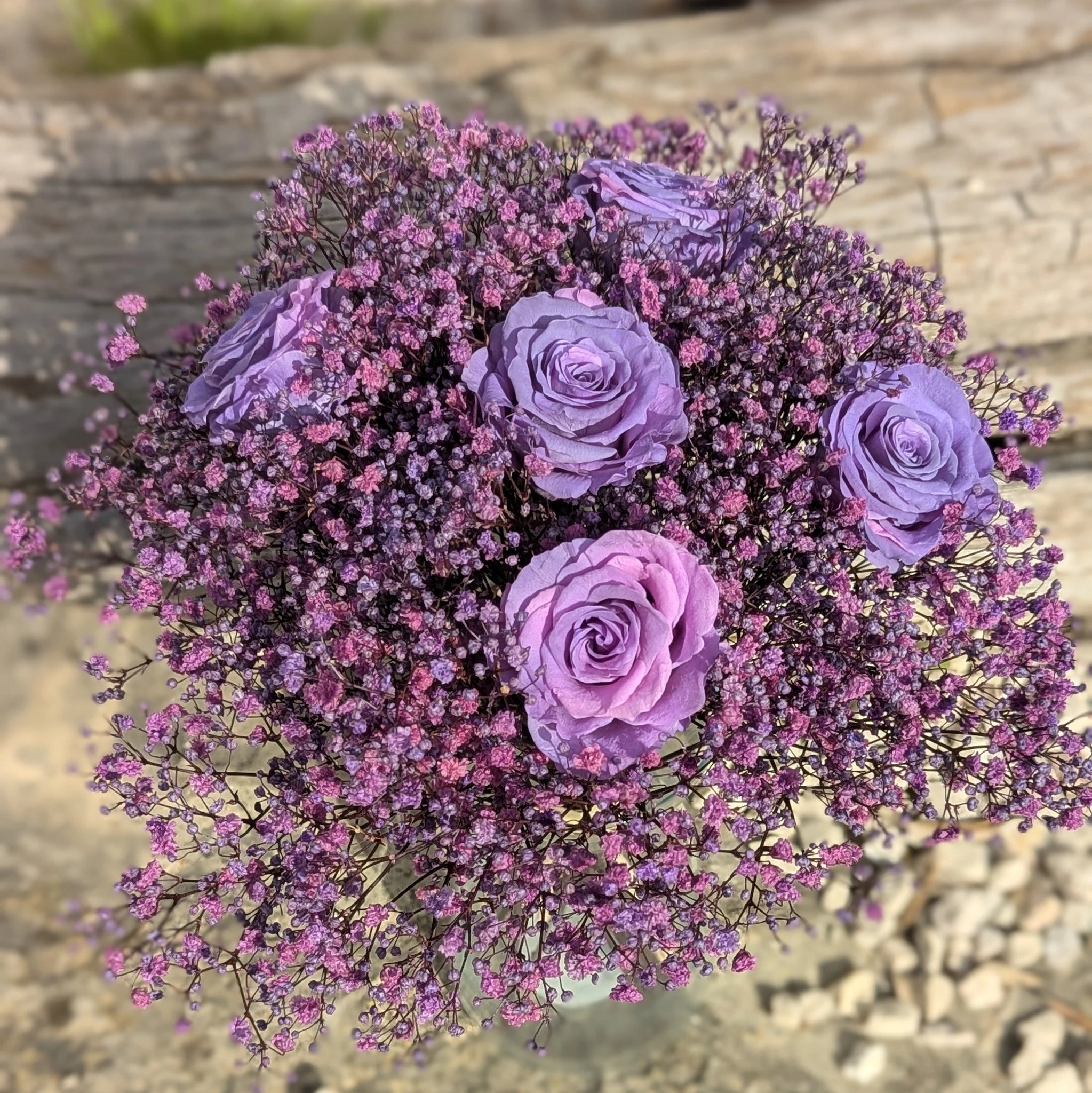 bouquet gros plan roses lilas et gypsophile